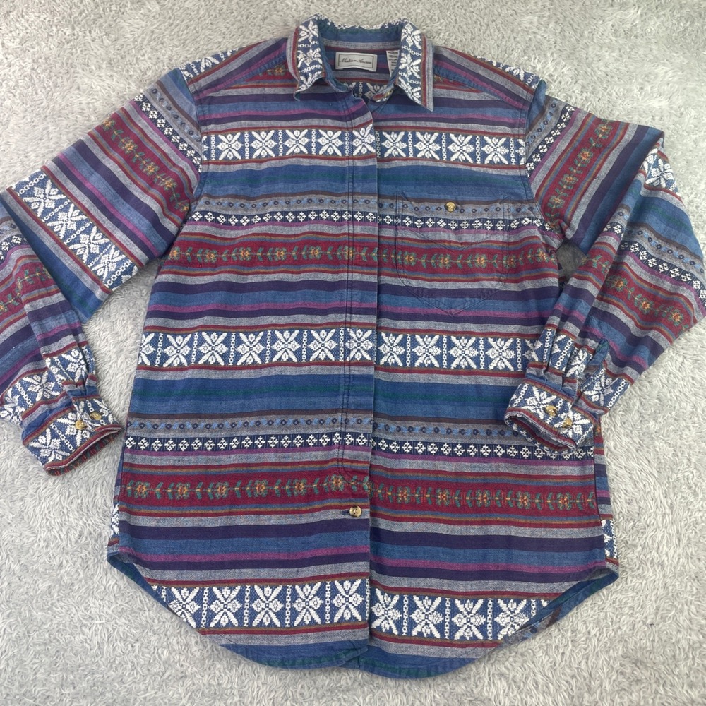 Madison Ave Button Down Shirt Womens M Tall Blue Vintage 90s Southwestern Aztec